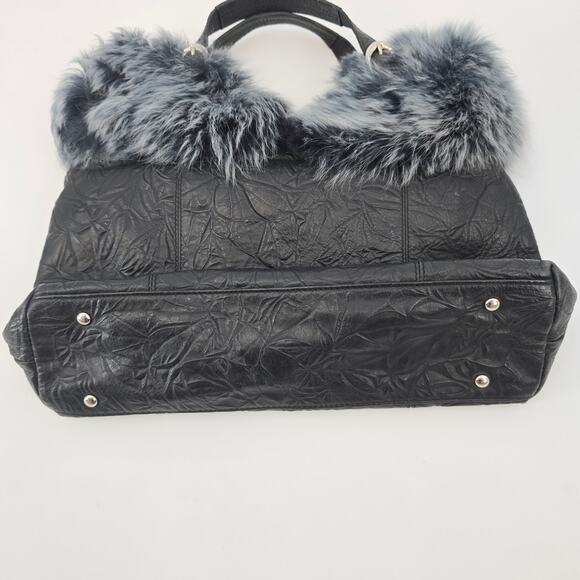 Galaday Removeable‎ Fur Detail Crinkle Leather Handbag Shoulder Purse Tote Black - Picture 3 of 16